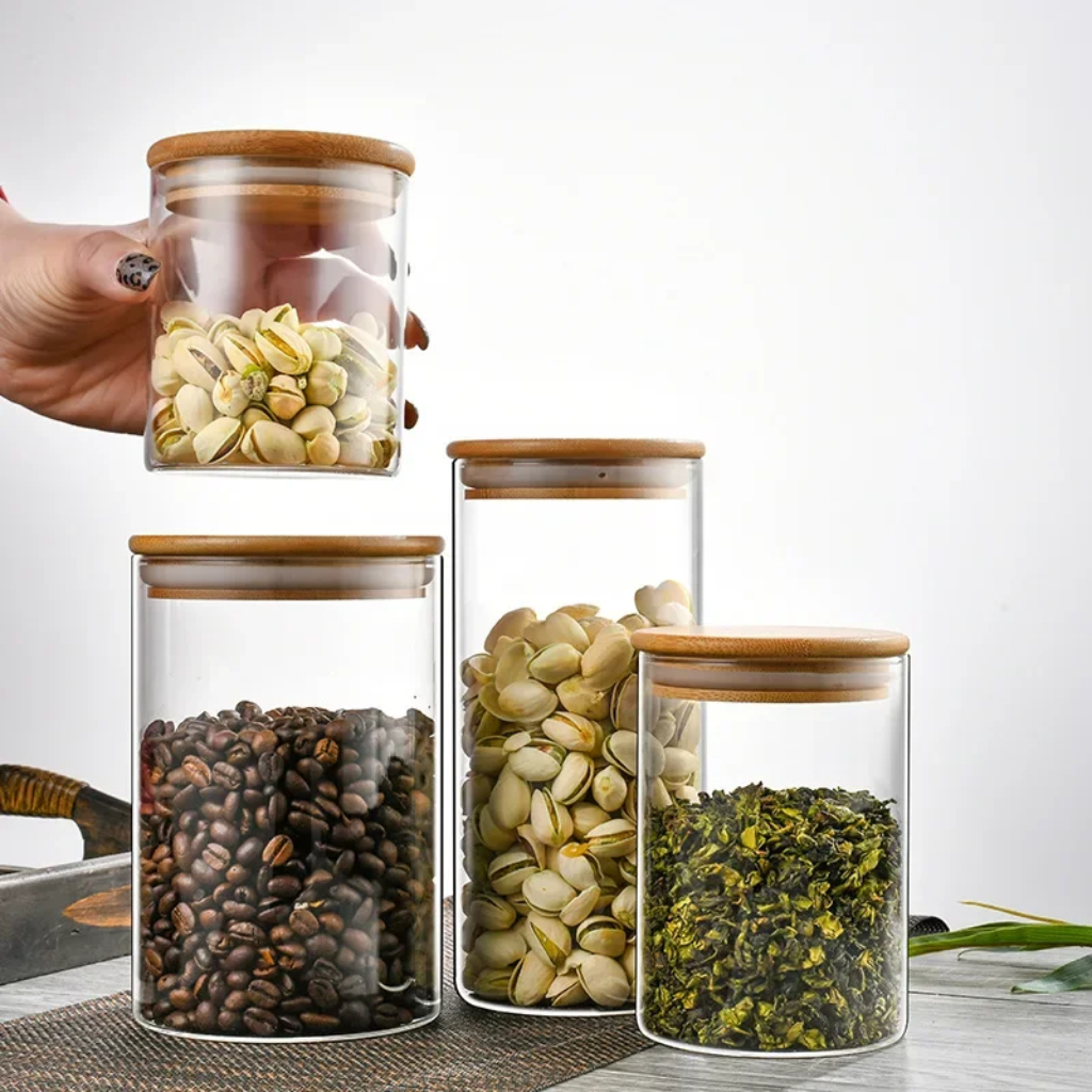 Conjunto de Potes Herméticos com Tampa de Bambu - 3/4/5 peças