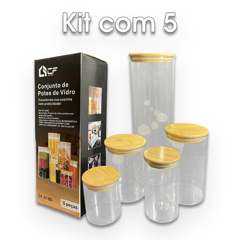 Conjunto de Potes Herméticos com Tampa de Bambu - 3/4/5 peças