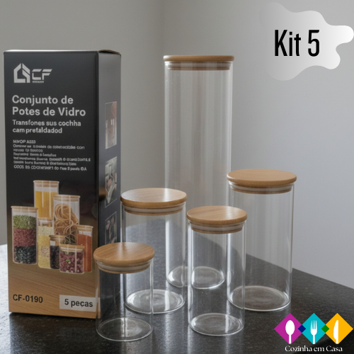 Conjunto de Potes Herméticos com Tampa de Bambu - 3/4/5 peças